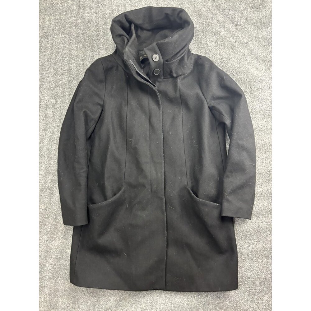 Zara Basic Coat Womens Large Black Wool Hooded Zip Front Mid Length Parka Warm